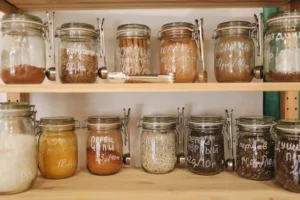 A beautifully organized kitchen pantry with glass jars and labels—organize a pantry on a budget