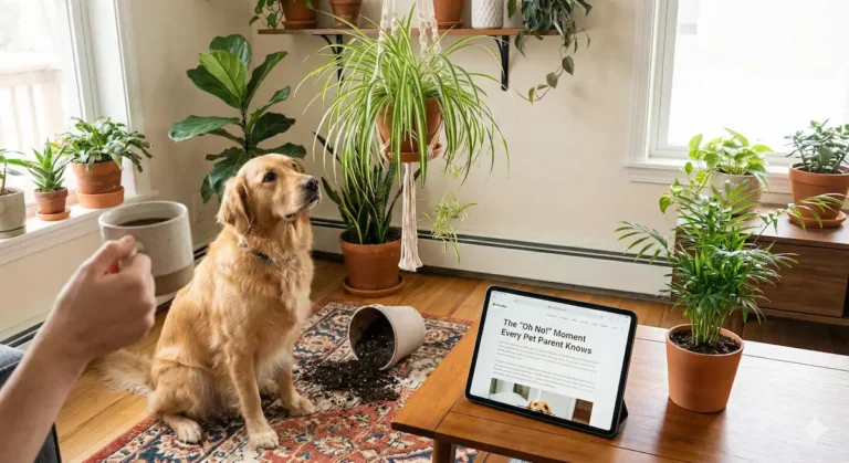Pet-Safe Houseplants. Spider plant in a hanging basket safe for Dogs. Lush Boston Fern on a pedestal stand in a living room. Beautiful patterned Calathea prayer plant leaves.