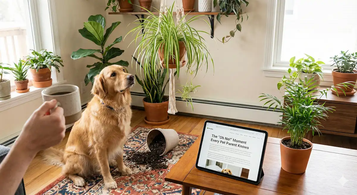 Pet-Safe Houseplants. Spider plant in a hanging basket safe for Dogs. Lush Boston Fern on a pedestal stand in a living room. Beautiful patterned Calathea prayer plant leaves.