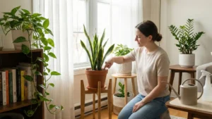 Woman checking soil moisture of indoor plants near a window.