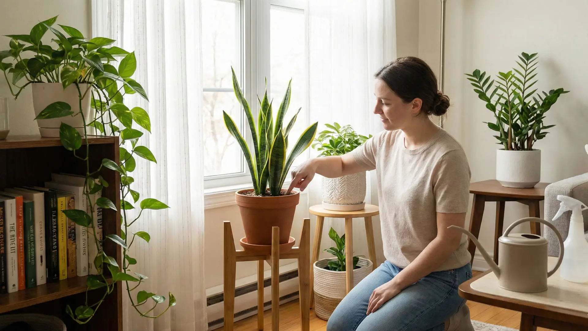 Woman checking soil moisture of indoor plants near a window.