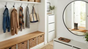 Modern small entryway organization with floating shelves and hooks.