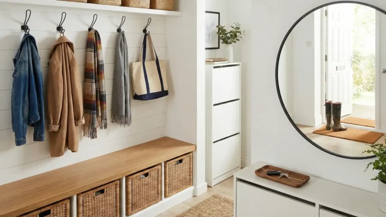 Modern small entryway organization with floating shelves and hooks.