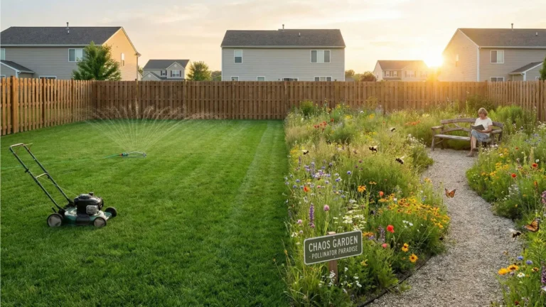 Wildflower meadow replacing a traditional manicured lawn. gardening trends.
