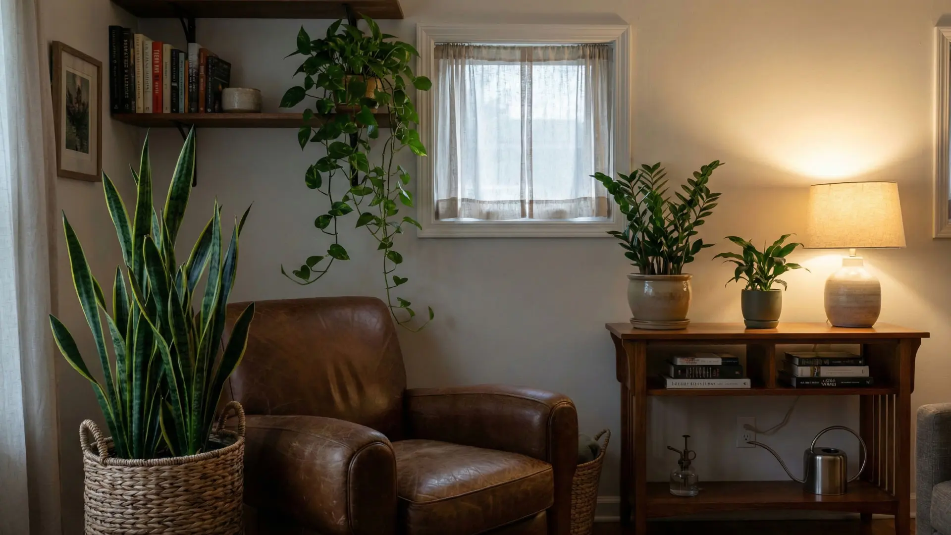 Snake plant in a white pot in a dim corner of a living room. Trailing Pothos plant on a bathroom shelf. ZZ plant styling ideas for modern home decor. Boston Fern hanging in a humid bathroom with frosted glass.