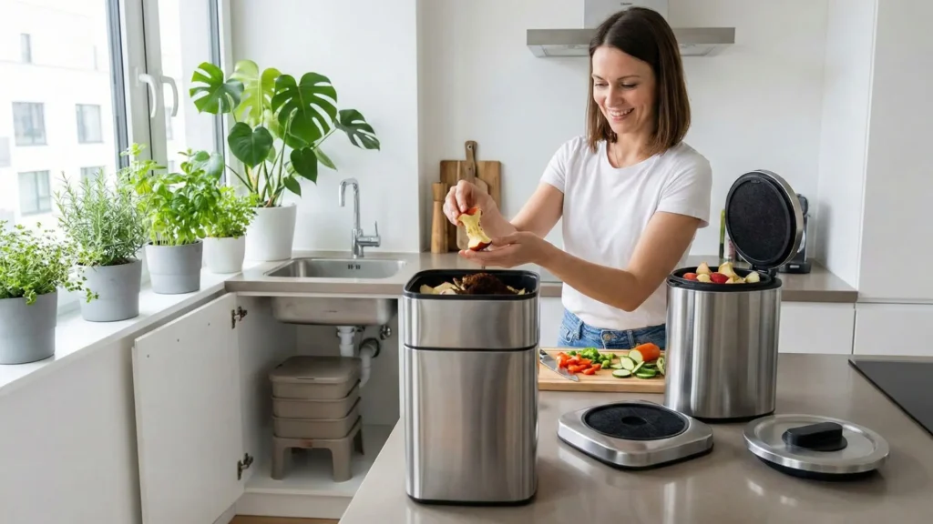 A stylish countertop compost bin next to a coffee maker in a modern kitchen. Hands holding nutrient-rich dark compost soil. A tiered worm composting bin system fitting under a kitchen sink. Woman adding vegetable scraps to a Bokashi bucket.