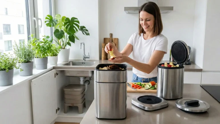 A stylish countertop compost bin next to a coffee maker in a modern kitchen. Hands holding nutrient-rich dark compost soil. A tiered worm composting bin system fitting under a kitchen sink. Woman adding vegetable scraps to a Bokashi bucket.
