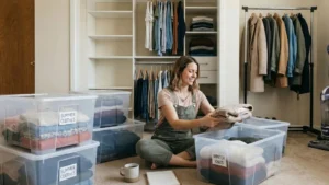 Woman organizing clothes during a seasonal closet switch-out. Clear storage bins labeled for winter clothes storage. Before and after comparison of a neat closet organization. Vacuum seal bags with puffy coats and bedding.