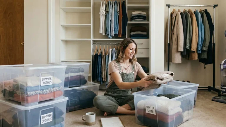 Woman organizing clothes during a seasonal closet switch-out. Clear storage bins labeled for winter clothes storage. Before and after comparison of a neat closet organization. Vacuum seal bags with puffy coats and bedding.