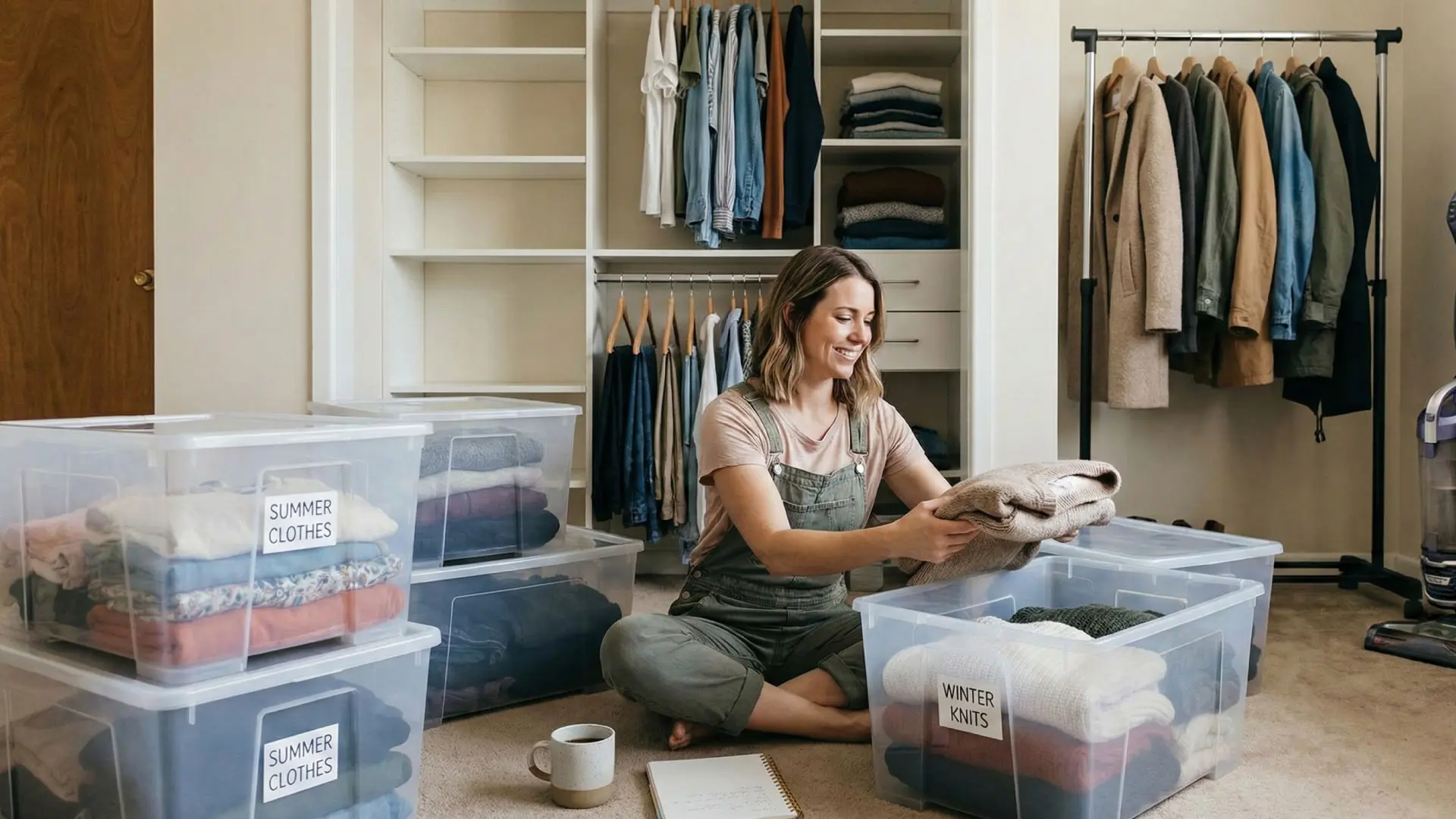 Woman organizing clothes during a seasonal closet switch-out. Clear storage bins labeled for winter clothes storage. Before and after comparison of a neat closet organization. Vacuum seal bags with puffy coats and bedding.